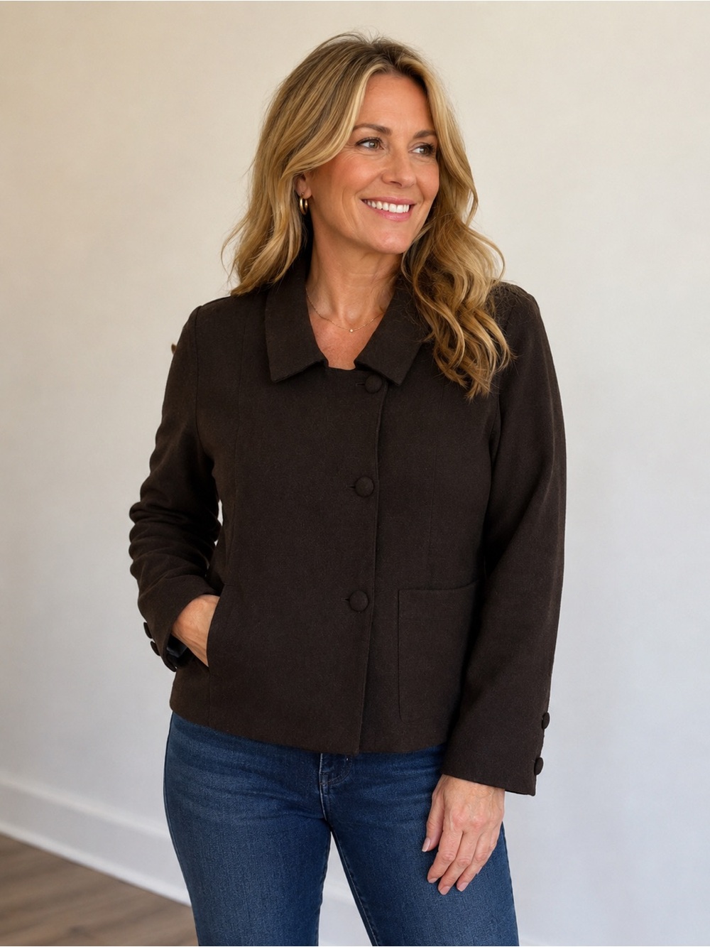 Women's Alpaca Boiled Wool Dark Brown Button Front Jacket Collared Coat